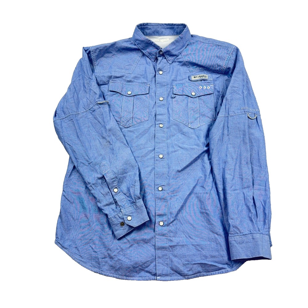 Columbia PFG Shirt Men Medium Blue Pearl Snap Oxford Cloth Button Up Fishing